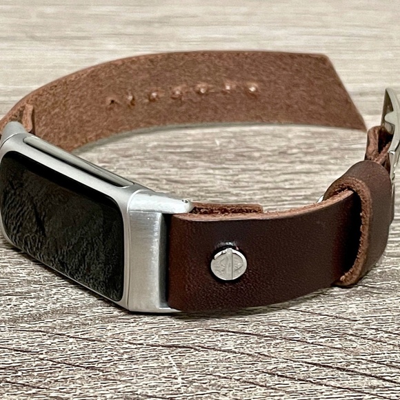 Dark Brown Leather Silver Fitbit Charge 5 Band Women Strap Bracelet - Picture 6 of 8